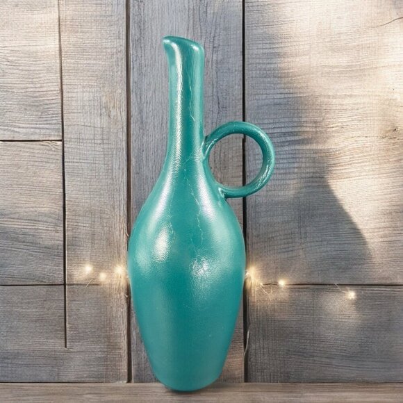 Vintage Mid Century Pottery Jug Vase Bottle Painted Green Ceramic Vase Decor VTG - Picture 2 of 13